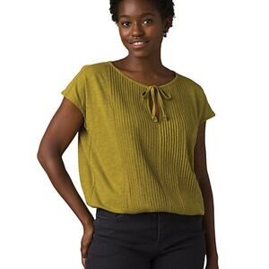 Prana Ocupas Popover Pintuck Top Blouse Grass Green Womens Medium Organic Cotton